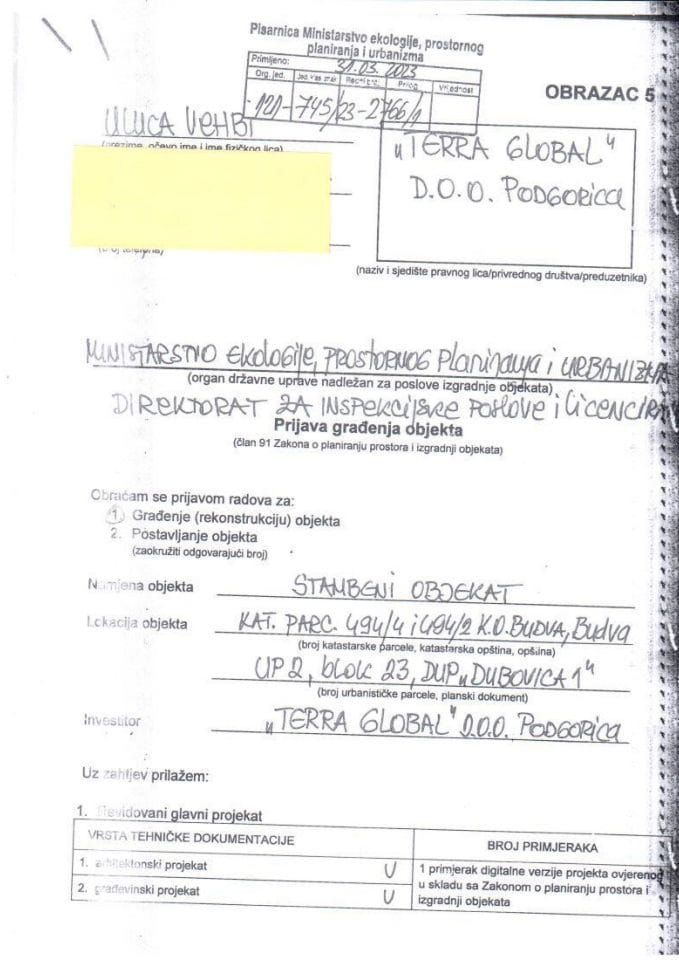 Prijava građenja objekta - 121-745-23-2766-1 TERRA GLOBAL DOO PODGORICA