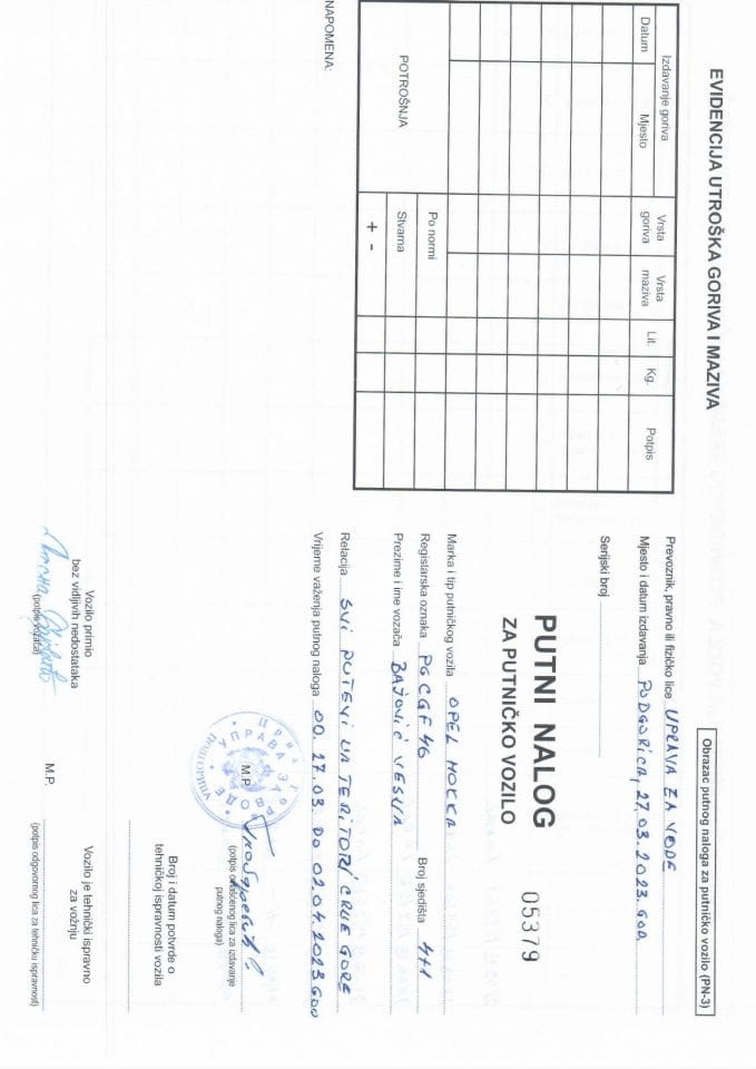 Putni nalog za korišćenje službenog vozila  PG CGF46 za period od 27.03.-02.04.2023.g..
