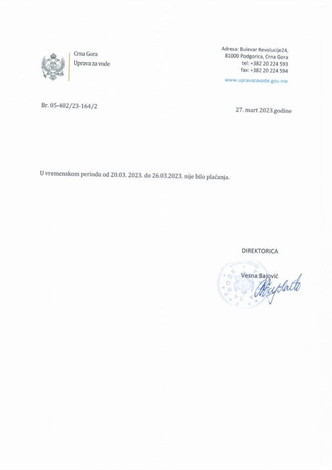 Analitička kartica Uprave za vode za period od 20.03.-26.03.2023.g.