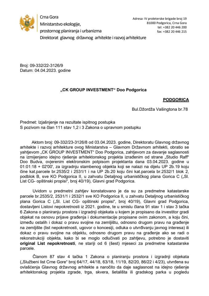Obavještenja - Saglasnosti glavnog državnog arhitekte - 04.04.2023 Obavještenje -CK GROUP INVESTMENT DOO, Podgorica -Glavni grad Podgorica