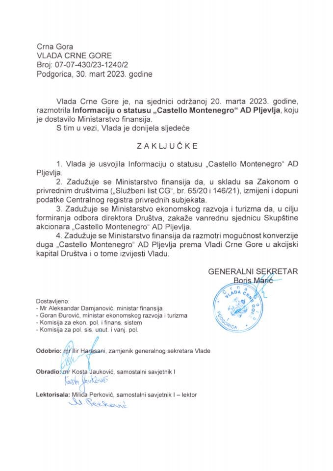 Информација о статусу „Castello Montenegro“ АД Пљевља - закључци