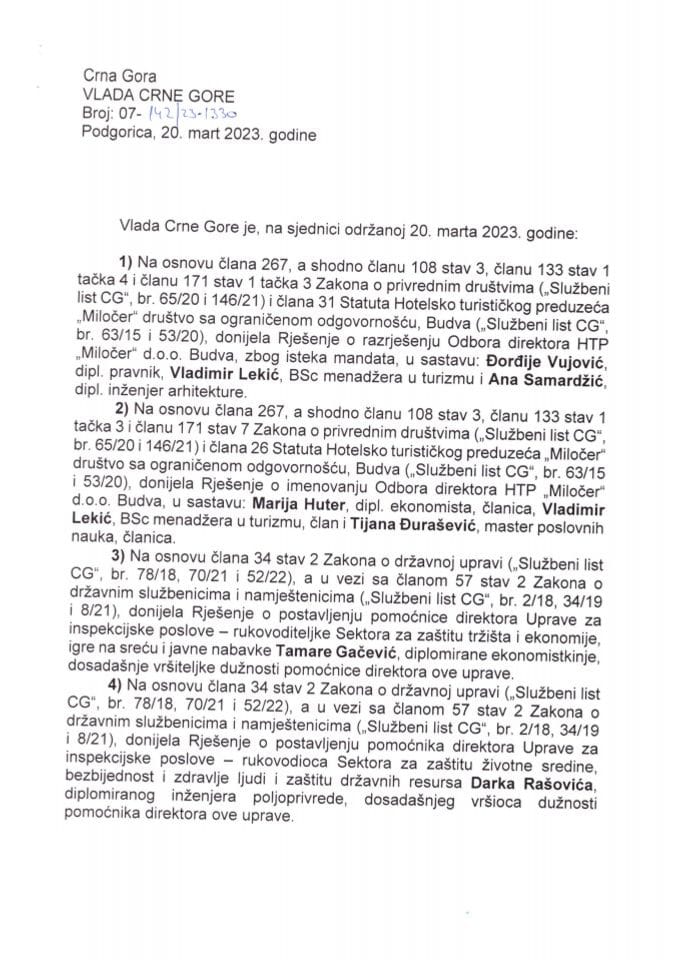 Kadrovska pitanja sa 45. sjednice Vlade Crne Gore - zaključci