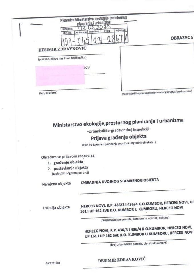 Prijava građenja objekta - 121-745-23-2847-1 DESIMIR ZDRAVKOVIĆ