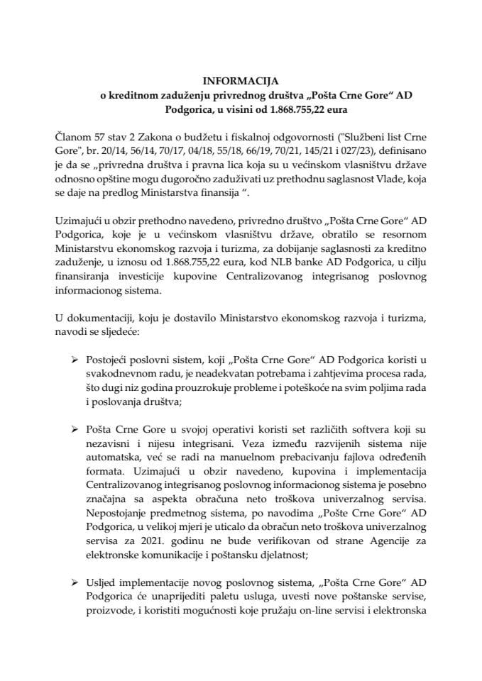 Informacija o kreditnom zaduženju privrednog društva „Pošta Crne Gore“ AD Podgorica, u visini od 1.868.755,22 eura