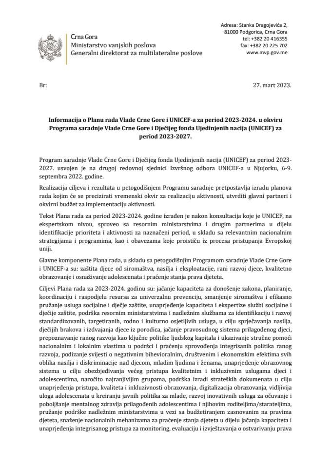 Informacija o Planu rada Vlade Crne Gore i UNICEF-a za period 2023-2024. u okviru Programa saradnje Vlade Crne Gore i Dječijeg fonda Ujedinjenih nacija (UNICEF) za period 2023-2027 s Predlogom plana rada za period 2023-2024. godine