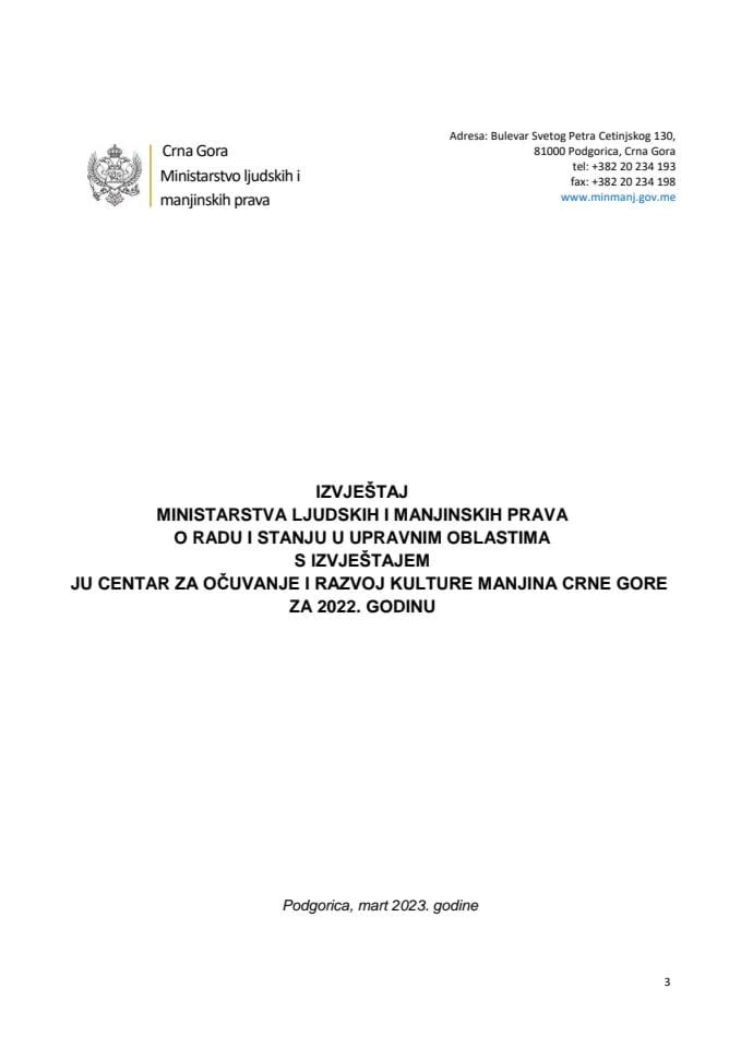 Izvještaj Ministarstva ljudskih i manjinskih prava o radu i stanju u upravnim oblastima s Izvještajem JU Centar za očuvanje i razvoj kulture manjina Crne Gore za 2022. godinu