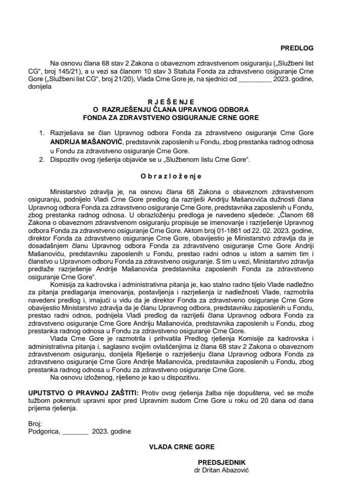 Predlog za razrješenje člana Upravnog odbora Fonda za zdravstveno osiguranje Crne Gore