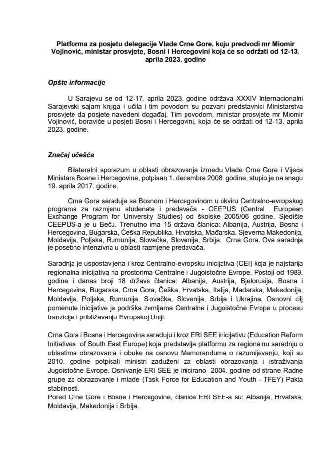 Predlog platforme za posjetu delegacije Vlade Crne Gore, koju predvodi mr Miomir Vojinović, ministar prosvjete, Bosni i Hercegovini, 12-13. aprila 2023. godine