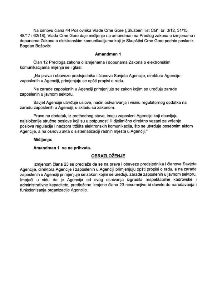 Predlog mišljenja na Amandman na Predlog Zakona o izmjenama i dopunama Zakona o elektronskim komunikacijama (koji je podnio poslanik Bogdan Božović)