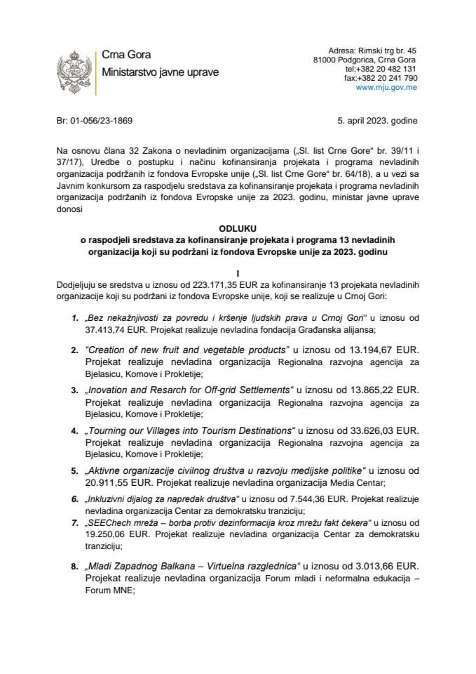 Odluka o raspodjeli sredstava za kofinansiranje projekata i programa 13 nevladinih organizacija koji su podržani iz fondova Evropske unije za 2023. godinu