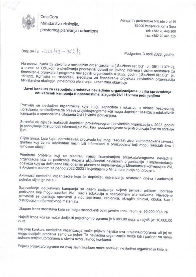 Javni konkurs za raspodjelu sredstava nevladinim organizacijama u cilju sprovođenja edukativnih kampanja o opasnostima izlaganja živi i živinim jedinjenjima