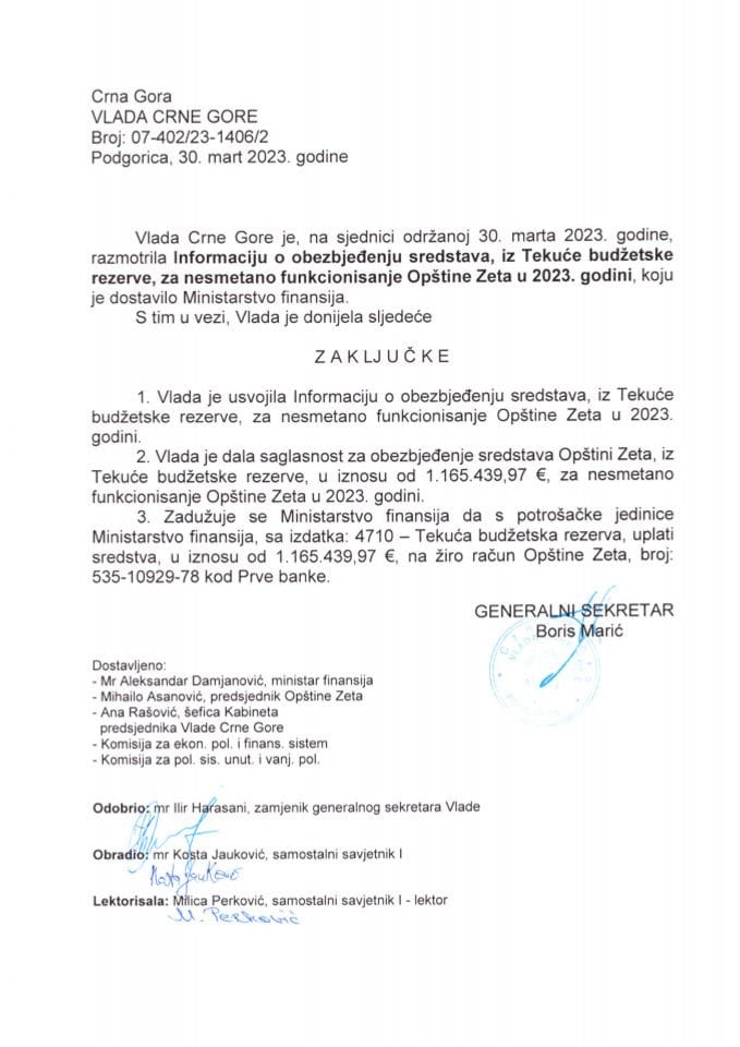 Informacija o obezbjeđenju sredstava iz Tekuće budžetske rezerve za nesmetano funkcionisanje opštine Zeta u 2023. godini - zaključci