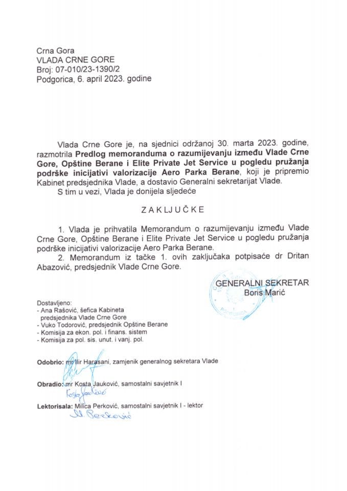 Предлог меморандума о разумијевању између Владе Црне Горе, Општине Беране и Elite Private Jet Service у погледу пружања подршке иницијативи валоризације Аеро Парка Беране - закључци