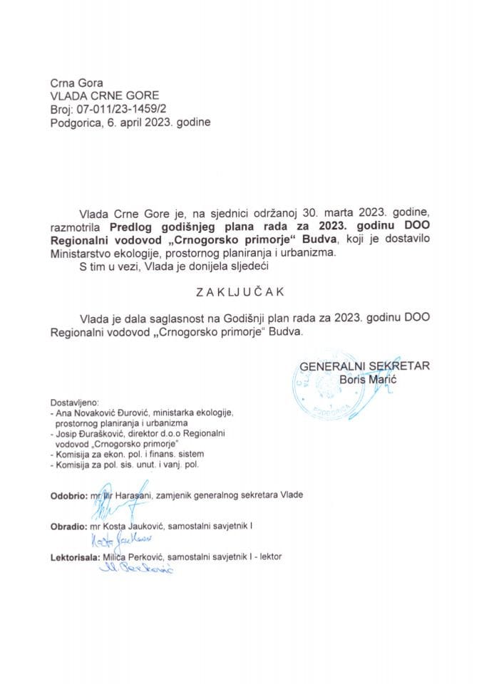 Predlog godišnjeg plana rada za 2023. godinu DOO „Regionalni vodovod Crnogorsko primorje“ Budva - zaključci