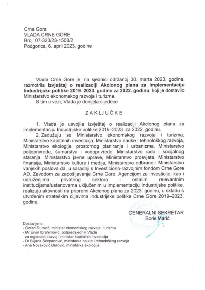 Izvještaj o realizaciji Akcionog plana za implementaciju industrijske politike Crne Gore 2019-2023. godine, za 2022. godinu - zaključci