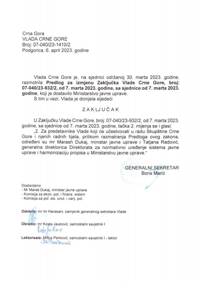 Predlog za izmjenu Zaključka Vlade Crne Gore, broj: 07-040/23-932/2, od 7. marta 2023. godine, sa sjednice od 7. marta 2023. godine (bez rasprave) - zaključci