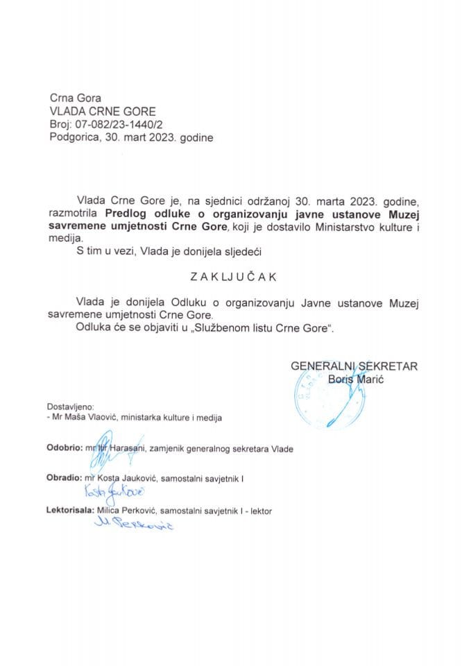 Predlog odluke o organizovanju Javne ustanove Muzej savremene umjetnosti Crne Gore - zaključci
