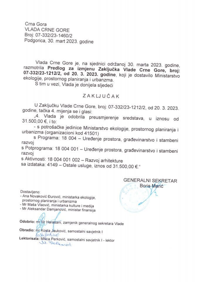 Predlog za izmjenu Zaključka Vlade Crne Gore, broj: 07-332/23-1212/2, od 20.03.2023. godine - zaključci