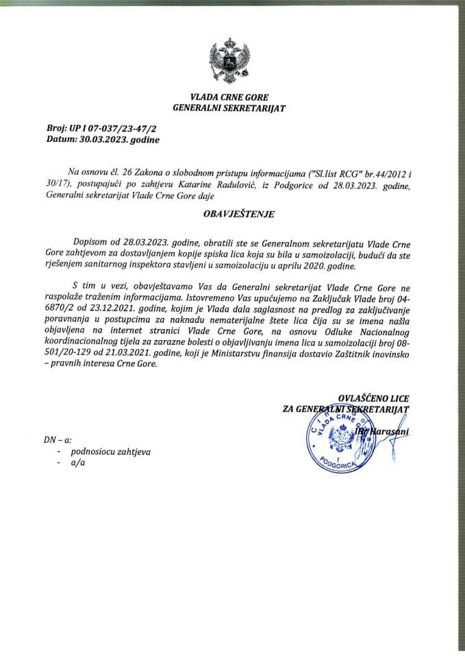 Informacija kojoj je pristup odobren po zahtjevu Katarine Radulović iz Podgorice od 28.03.2023. godine – UPI 07-037/23-47/2
