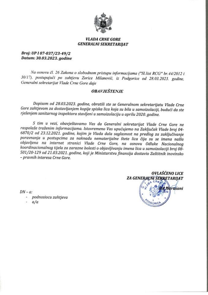 Informacija kojoj je pristup odobren po zahtjevu Zorice Milanović iz Podgorice od 28.03.2023. godine – UPI 07-037/23-49/2