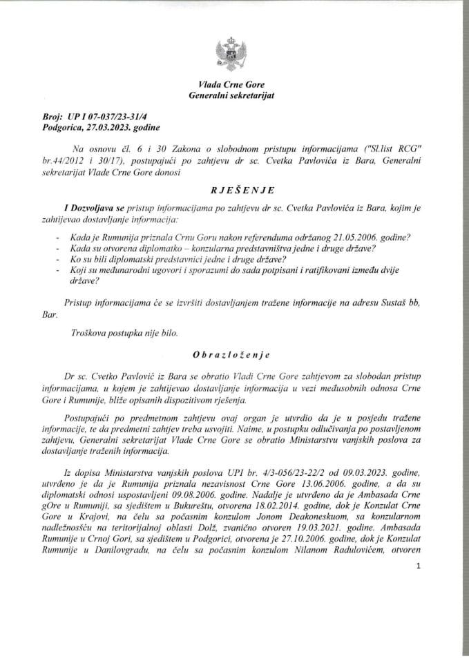 Информација којој је приступ одобрен по захтјеву Цветка Павловића из Бара од 27.03.2023. године – УПИ 07-037/23-31/4