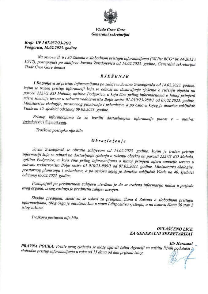 Informacija kojoj je pristup odobren po zahtjevu Jovana Zvizdojevića od 14.02.2023. godine – UPI 07-037/23-26/2