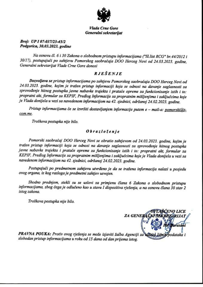 Informacija kojoj je pristup odobren po zahtjevu Pomorskog saobraćaja DOO Herceg Novi od 24.03.2023. godine – UPI 07-037/23-45/2