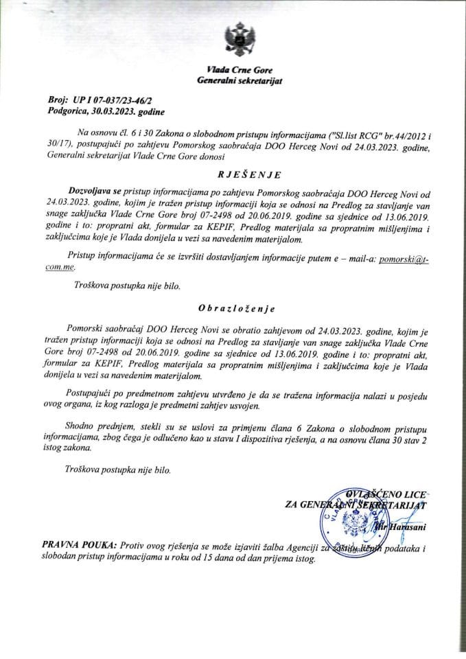 Informacija kojoj je pristup odobren po zahtjevu Pomorskog saobraćaja DOO Herceg Novi od 24.03.2023. godine – UPI 07-037/23-46/2