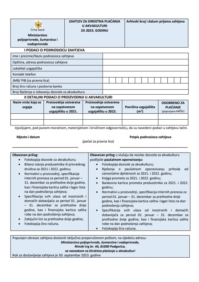 2. Образац захтјева - директна плаћања у аквакултури 2023. године