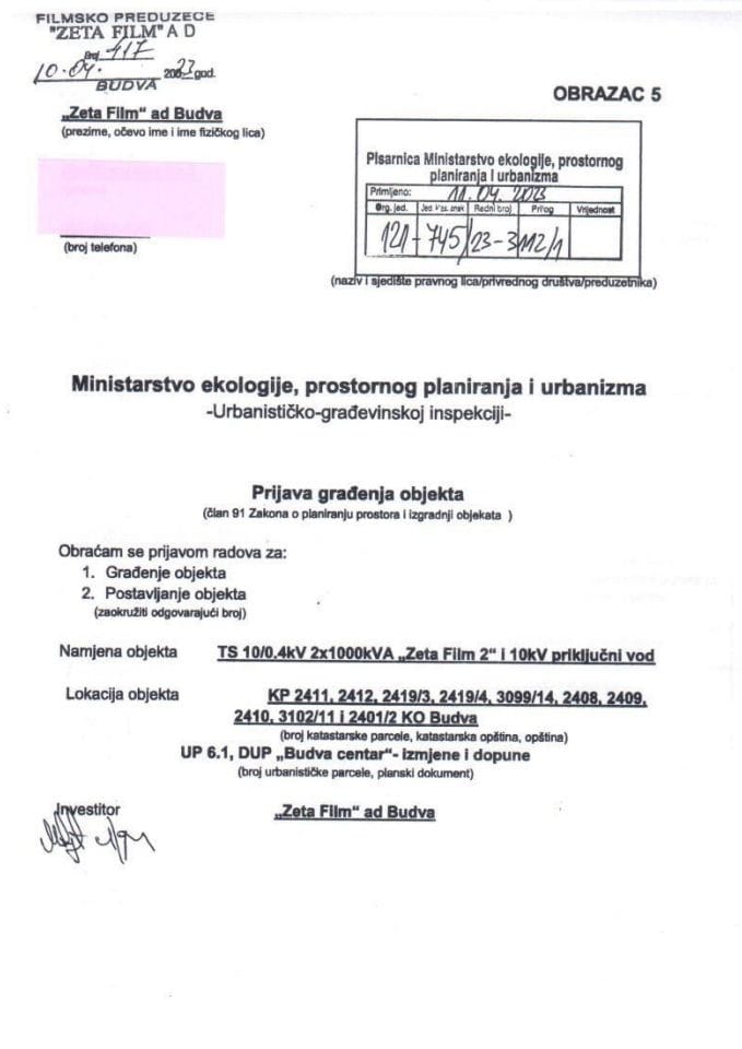 Prijava građenja objekta - 121-745-23-3112-1 ZETA FILM AD BUDVA