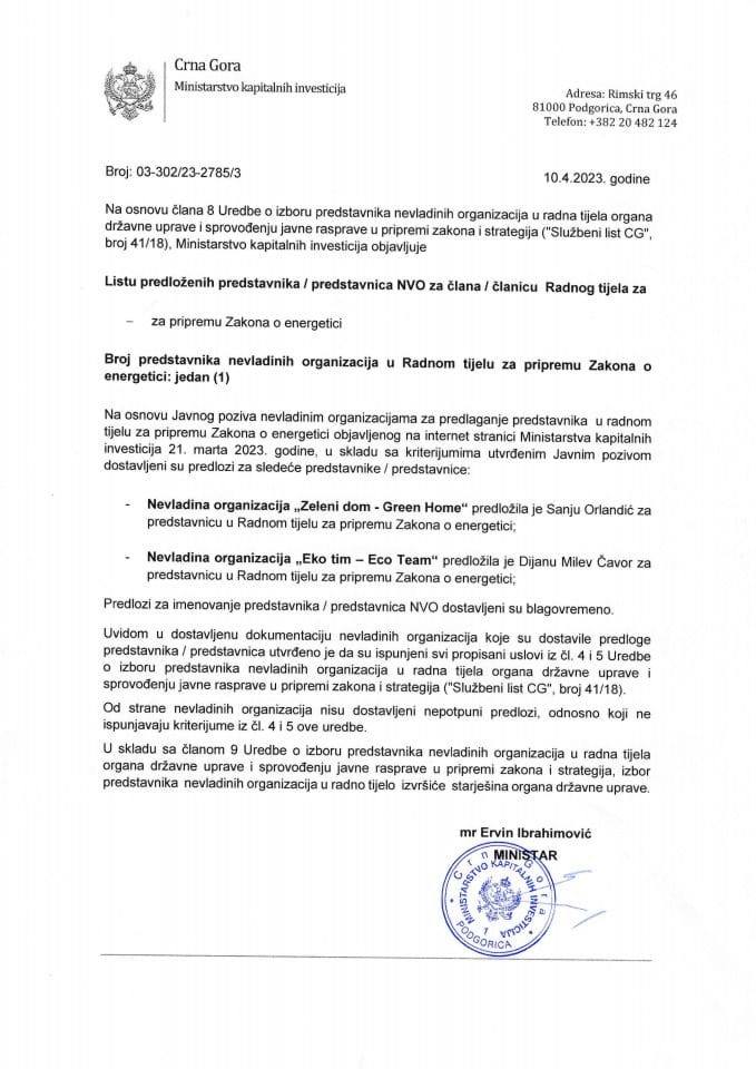 Lista predloženih predstavnika / predstavnica NVO za člana / članicu  Radnog tijela za pripremu Zakona o energetici