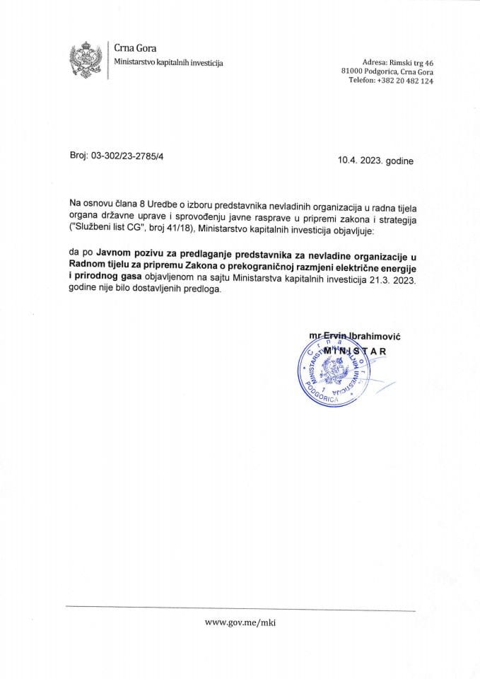 Obavještenje po Javnom pozivu za predlaganje predstavnika za nevladine organizacije u Radnom tijelu za pripremu Zakona o prekograničnoj razmjeni električne energije i prirodnog gasa
