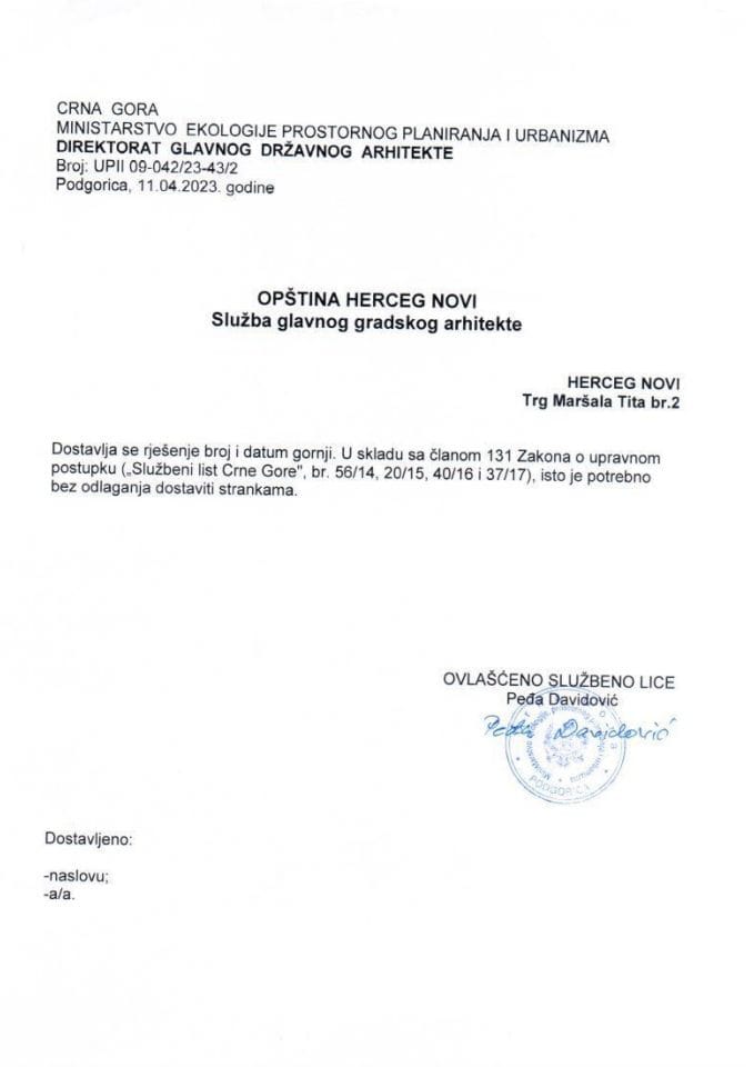 Rješenja po žalbi glavnog državnog arhitekte - 11.04.2023 Rješenje po žalbi -Marić Milica i Giurovich Gjurovich Marija -Opština Herceg Novi