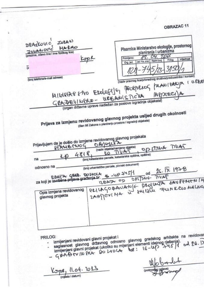 Prijava za izmjenu revidovanog glavnog projekta uslijed drugih okolnosti - 121-745-23-3150-1 DRAŠKOVIĆ ZORAN I JOVANOVIĆ MARKO