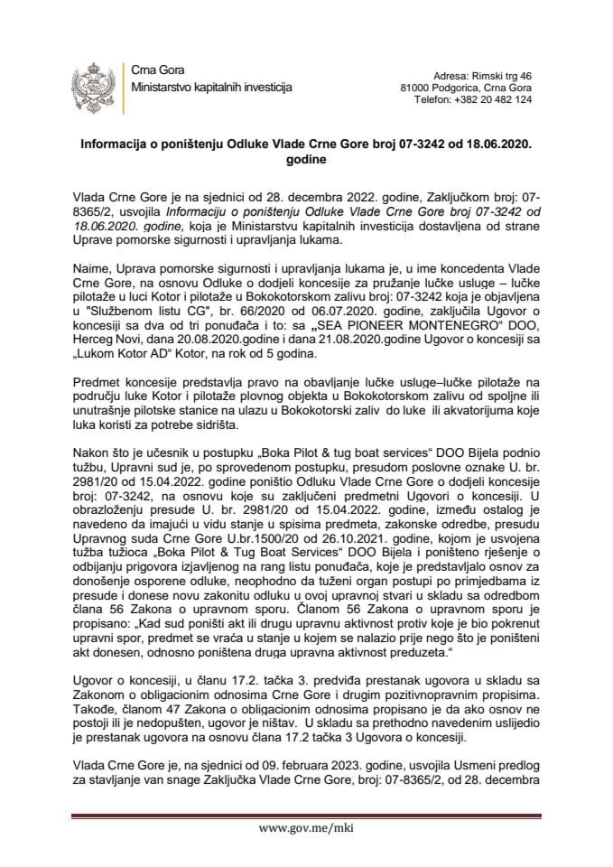 Informacija o poništenju Odluke Vlade Crne Gore broj 07-3242 od 18.06.2020. godine