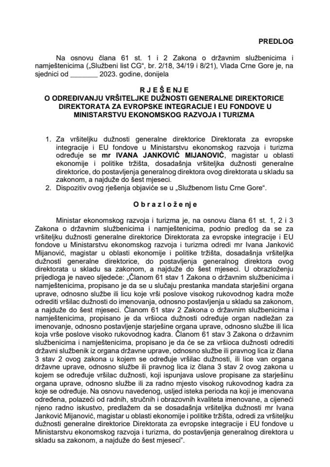 Предлог за одређивање вршитељке дужности генералне директорице Директората за европске интеграције и ЕУ фондове у Министарству економског развоја и туризма