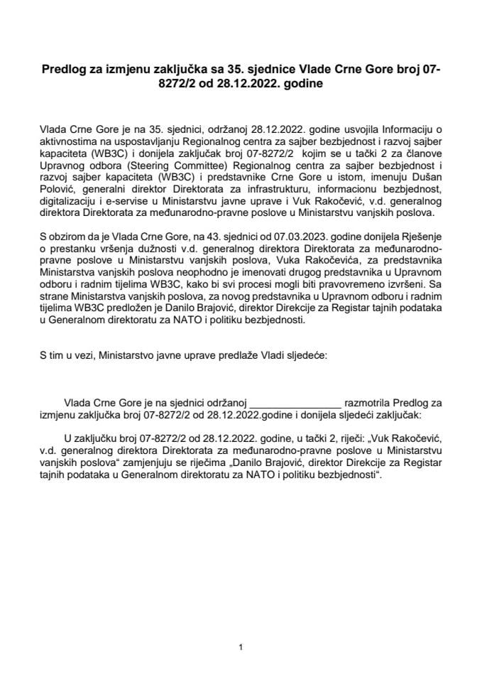 Предлог за измјену Закључка Владе Црне Горе, број: 07-8272/2, од 28.12.2022. године