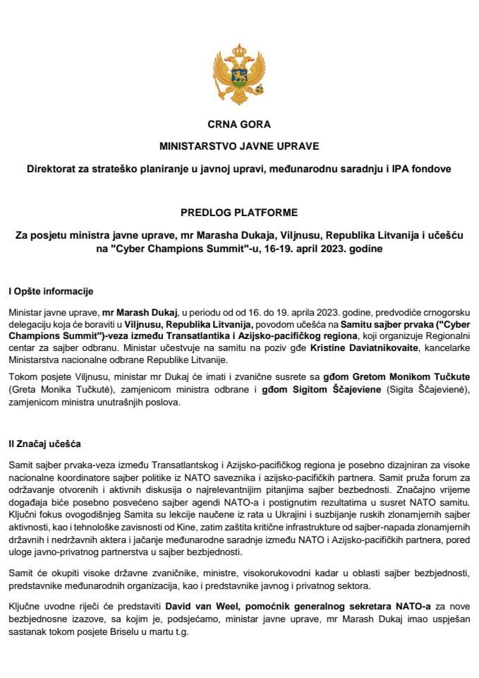 Predlog platforme za posjetu ministra javne uprave mr Marasha Dukaja, Viljnusu, Republika Litvanija i učešća na "Cyber Champions Summit" -u, 16-19. april 2023. godine
