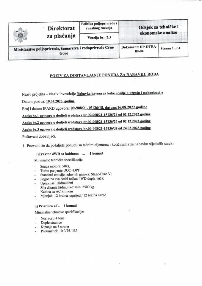 POZIV ZA DOSTAVLJANJE PONUDE ZA NABAVKU ROBE - MEHANIZACIJA 19042023