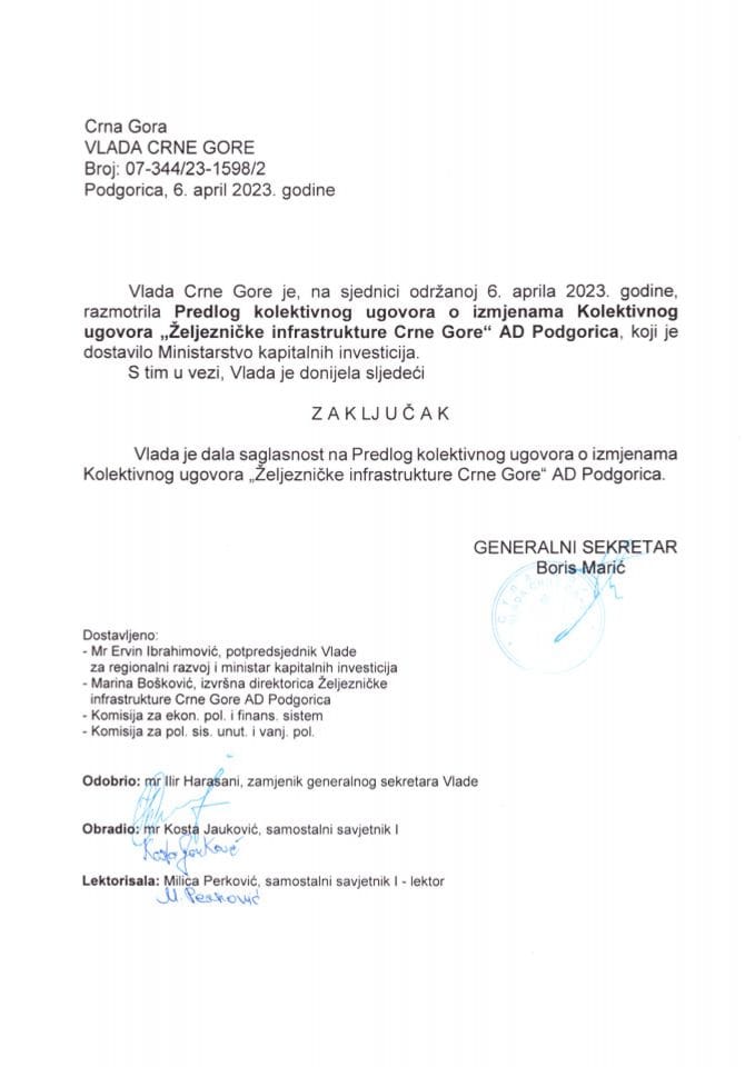 Предлог колективног уговора о измјенама Колективног уговора „Жељезничке инфраструктуре Црне Горе АД“ Подгорица - закључци