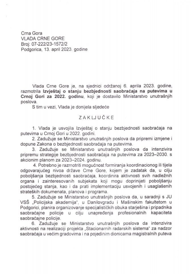 Izvještaj o stanju bezbjednosti saobraćaja na putevima u Crnoj Gori za 2022. godinu - zaključci