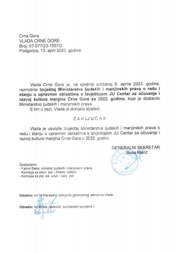 Izvještaj Ministarstva ljudskih i manjinskih prava o radu i stanju u upravnim oblastima s Izvještajem JU Centar za očuvanje i razvoj kulture manjina Crne Gore za 2022. godinu - zaključci