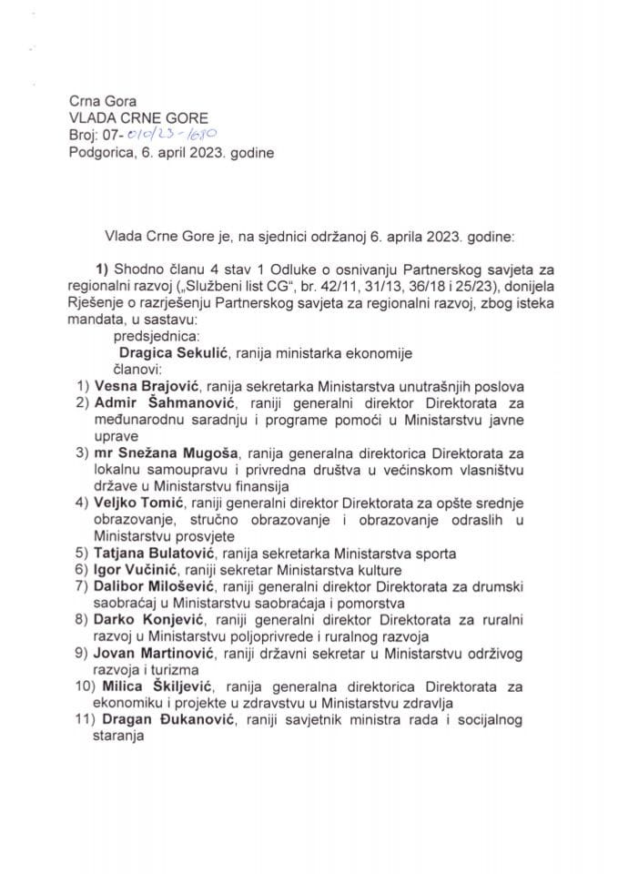 Kadrovska pitanja sa 47. sjednice Vlade Crne Gore - zaključci