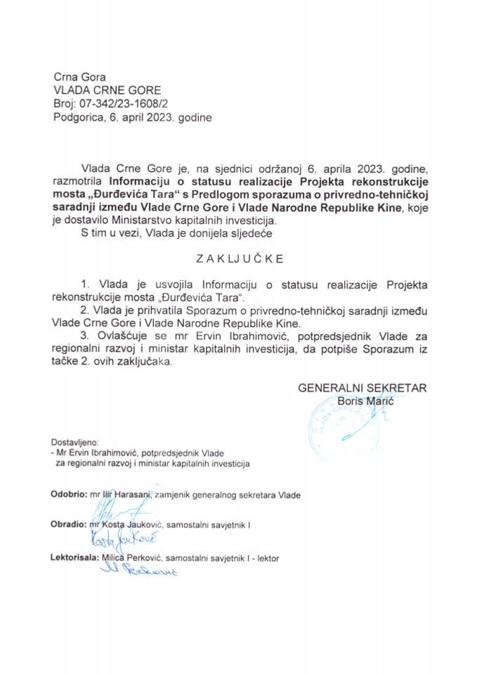 Informacija o statusu realizacije projekta rekonstrukcije mosta „Đurđevića Tara“ - zaključci