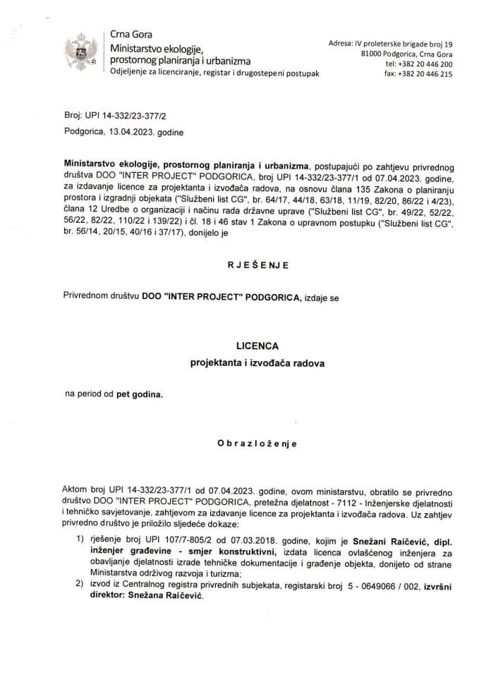 Inter Project Licence projektanata i izvođača radova - UPI 14-332-23-377-2 DOO INTER ...