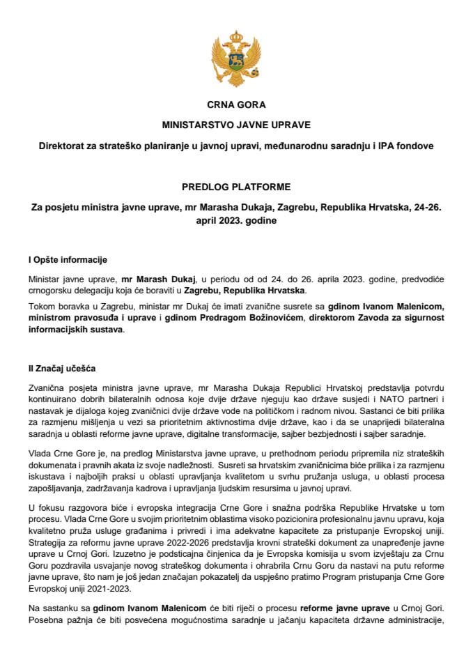 Predlog platforme za posjetu ministra javne uprave mr Marasha Dukaja Zagrebu, Republika Hrvatska, 24-26. april 2023. godine (bez rasprave)