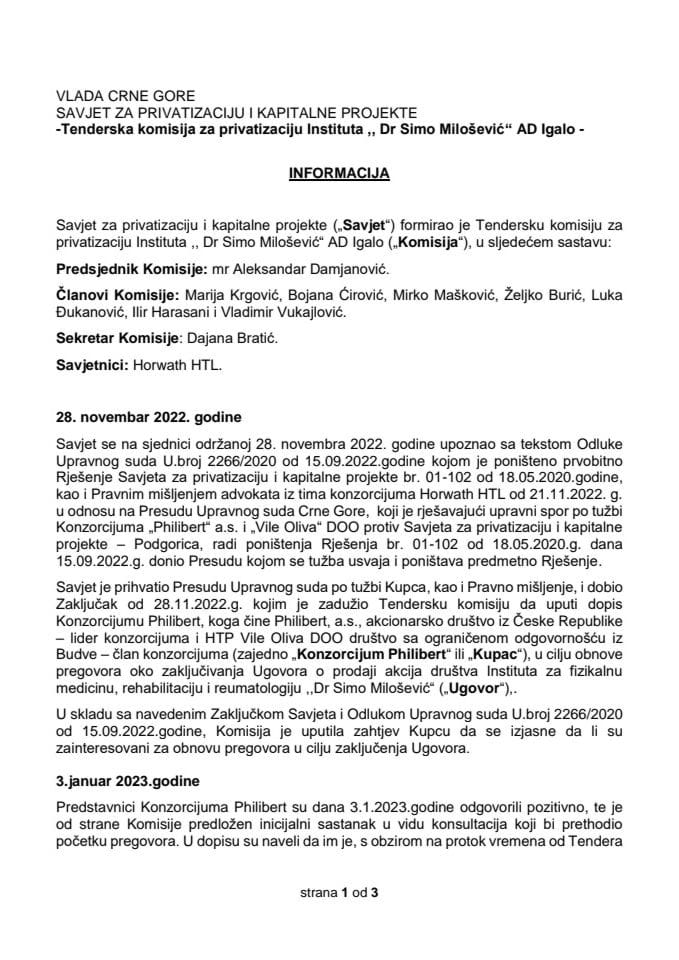 Informacija o statusu tenderskog postupka  za privatizaciju društva Institut dr Simo Milošević AD – Igalo
