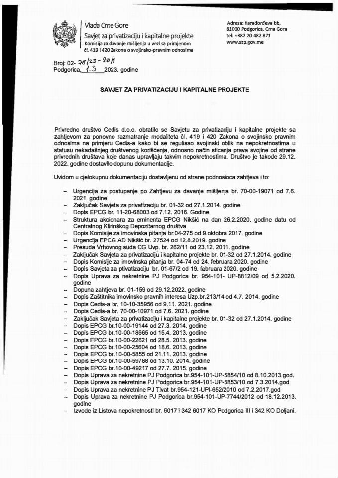 Predlozi mišljenja Komisije za davanje mišljenja u vezi sa primjenom čl. 419 i 420 Zakona o svojinsko-pravnim odnosima za - Cedis d.o.o – Podgorica