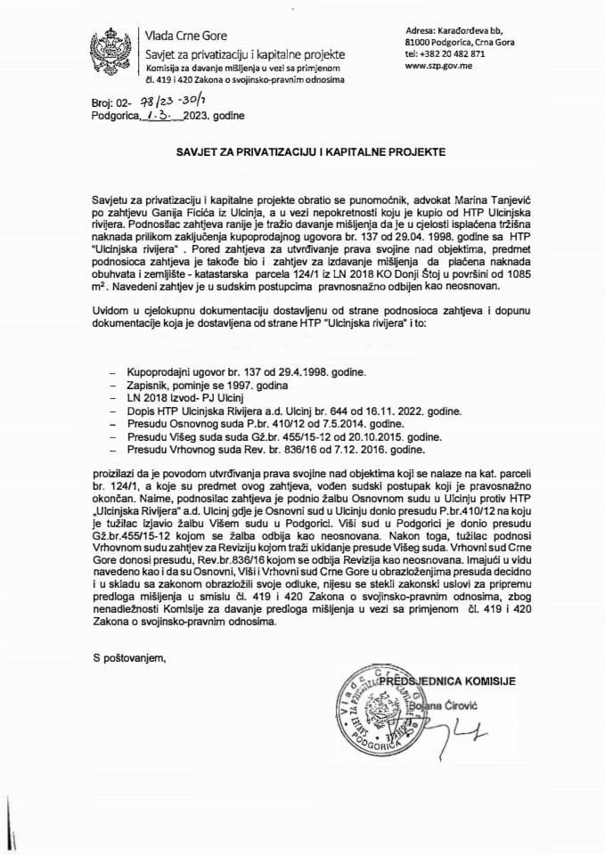Predlozi mišljenja Komisije za davanje mišljenja u vezi sa primjenom čl. 419 i 420 Zakona o svojinsko-pravnim odnosima za - Gani Ficić iz Ulcinja