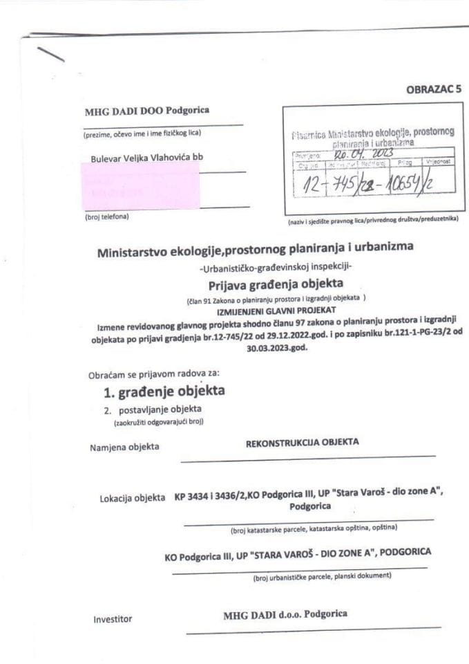 Prijava građenja objekta - 12-745-23-10654-2 MHG DADI DOO PODGORICA